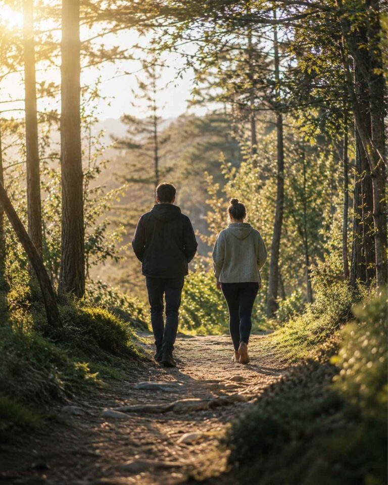 Mobiles Angebot für Trauerarbeit: Zwei Menschen beim Walk and Talk Gespräch in der Schweizer Natur bei einem schweren Lebensumbruch.